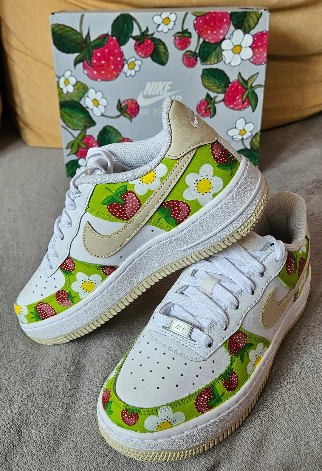 Custom Air Force 1 White Green Red Strawberry And Daisy Pattern