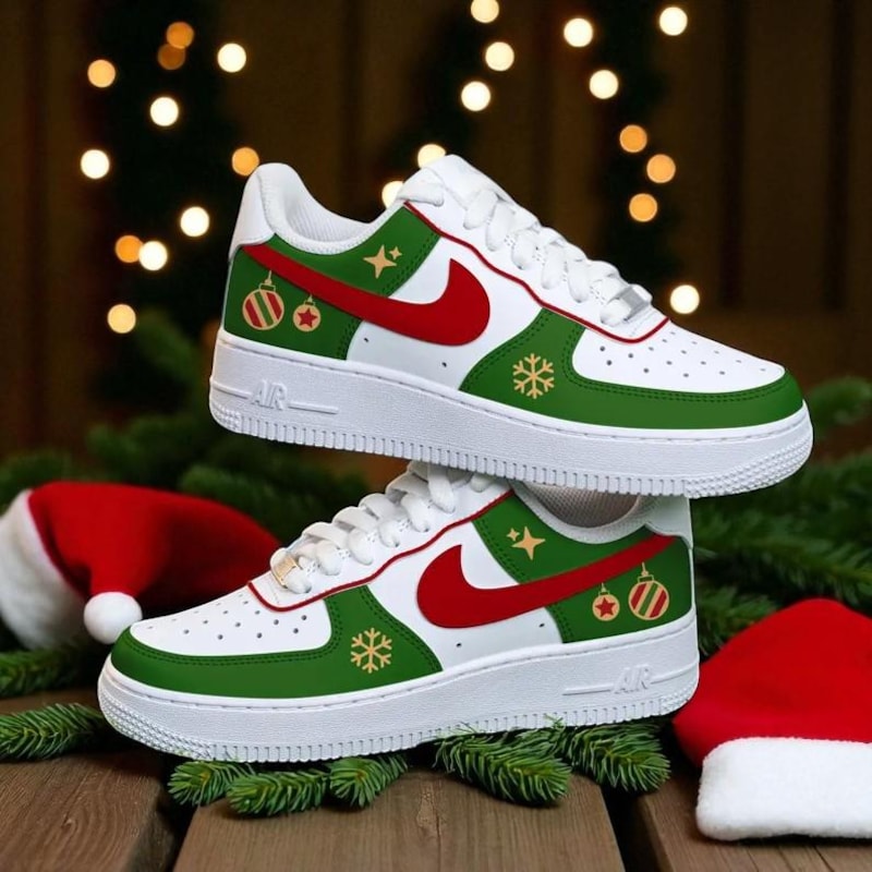 Custom Air Force 1 White Green Red With Christmas Ornaments