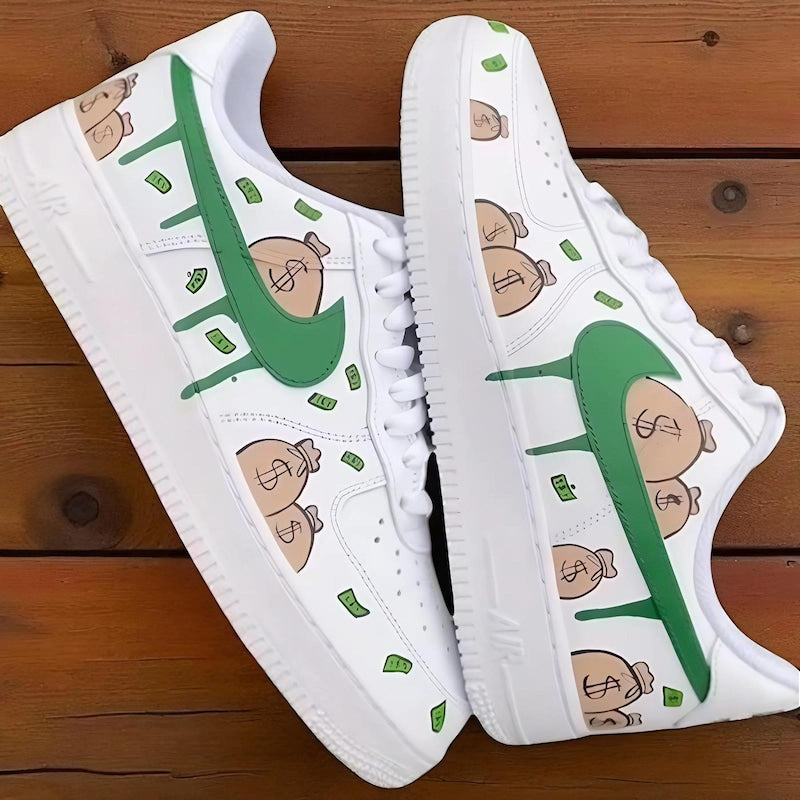 Custom Air Force 1 White Green With Money Bag Pattern