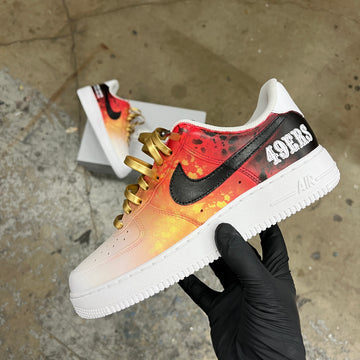 Custom Air Force 1 White Orange Black With Splatter Pattern And Gold Laces 49ERS Text