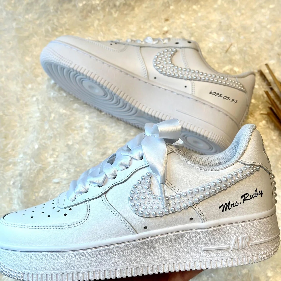Custom Air Force 1 White Pearl Swoosh With Satin Ribbons-shecustomize