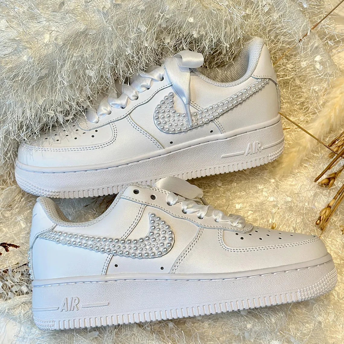 Custom Air Force 1 White Pearl Swoosh With Satin Ribbons-shecustomize