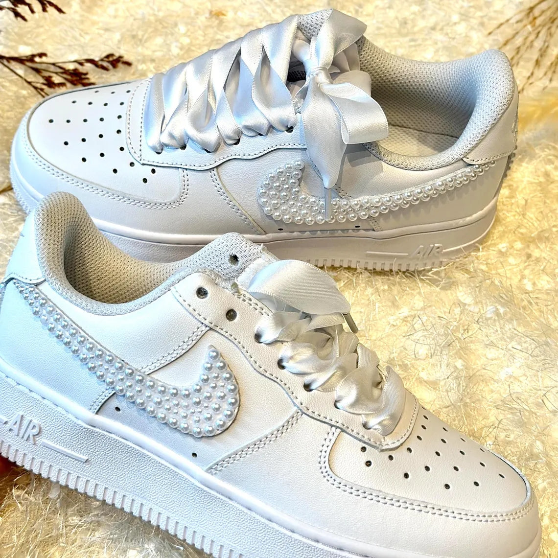 Custom Air Force 1 White Pearl Swoosh With Satin Ribbons-shecustomize