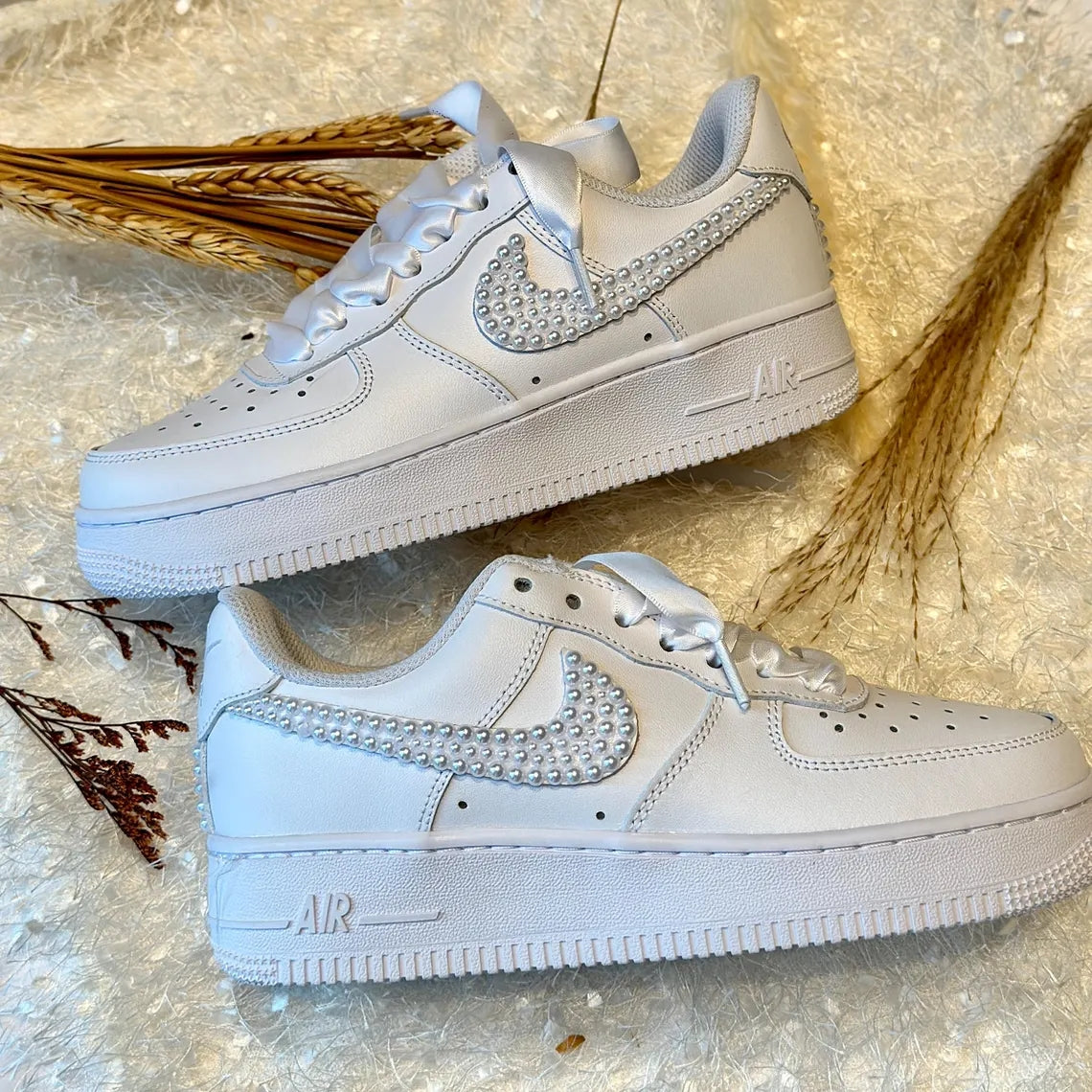 Custom Air Force 1 White Pearl Swoosh With Satin Ribbons-shecustomize