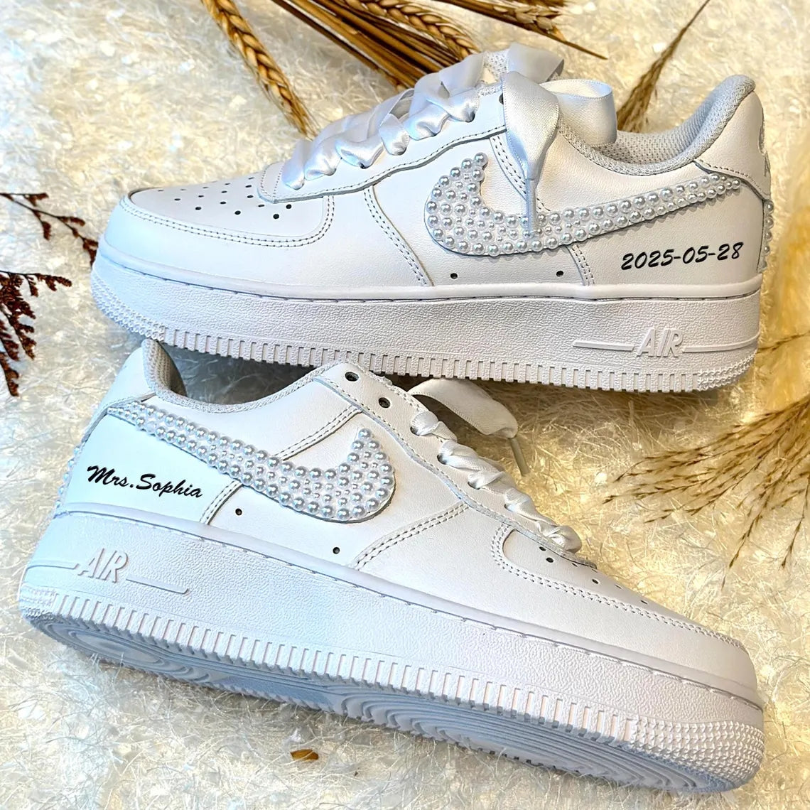 Custom Air Force 1 White Pearl Swoosh With Satin Ribbons-shecustomize