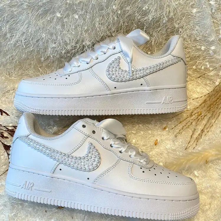 Custom Air Force 1 White Pearl Swoosh With Satin Ribbons-shecustomize