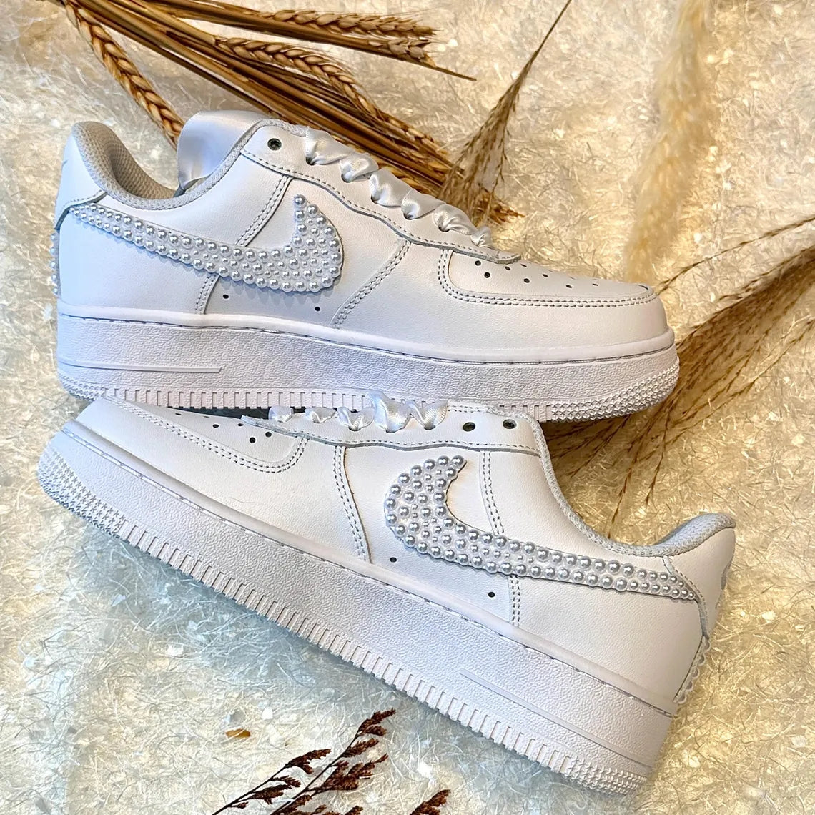 Custom Air Force 1 White Pearl Swoosh With Satin Ribbons-shecustomize