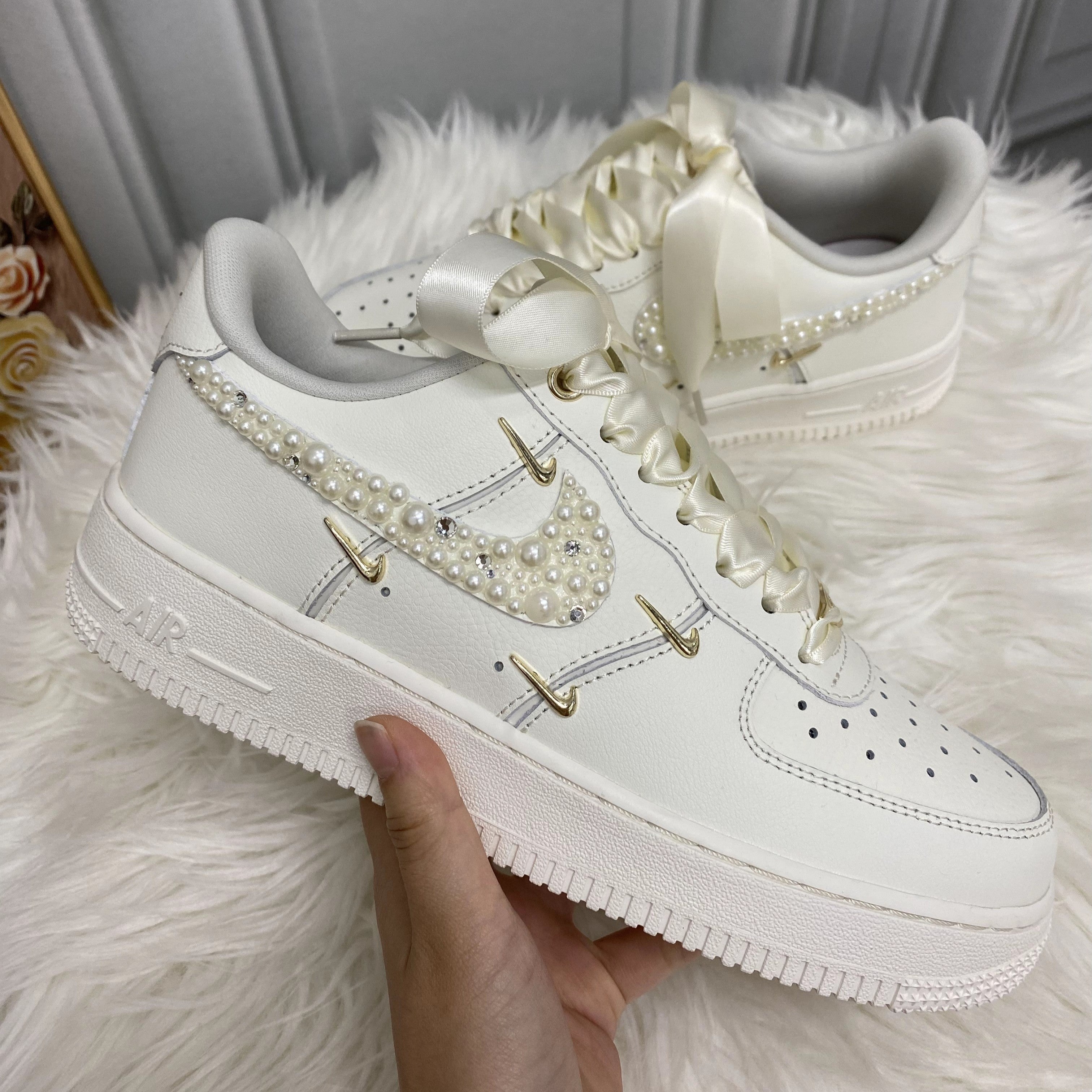 Custom Air Force 1 White Pearls And Ribbons