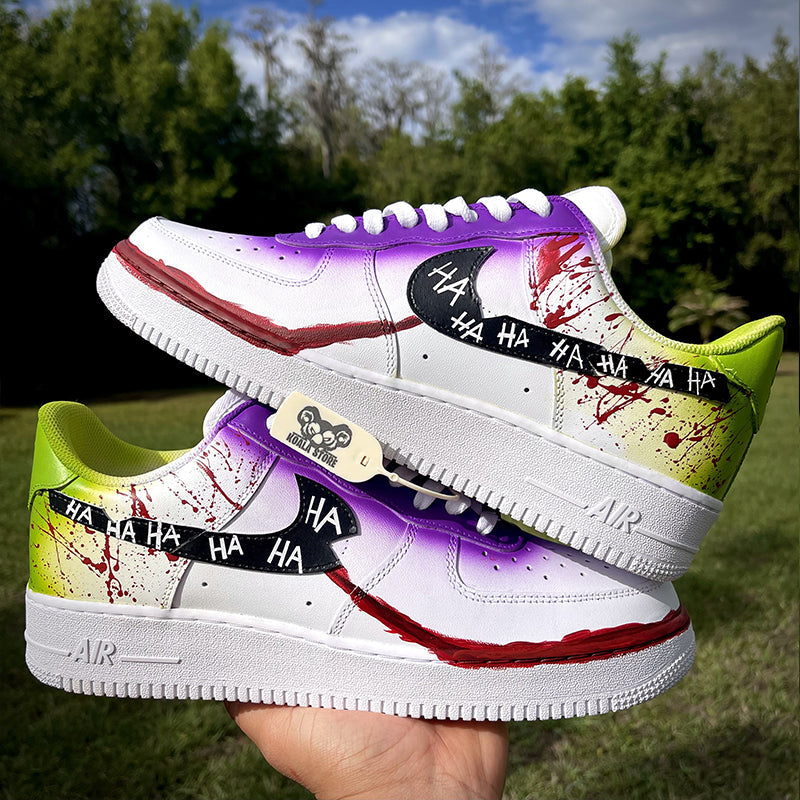 Custom Air Force 1 White Purple Green With Joker - inspired Pattern And Blood Splatter