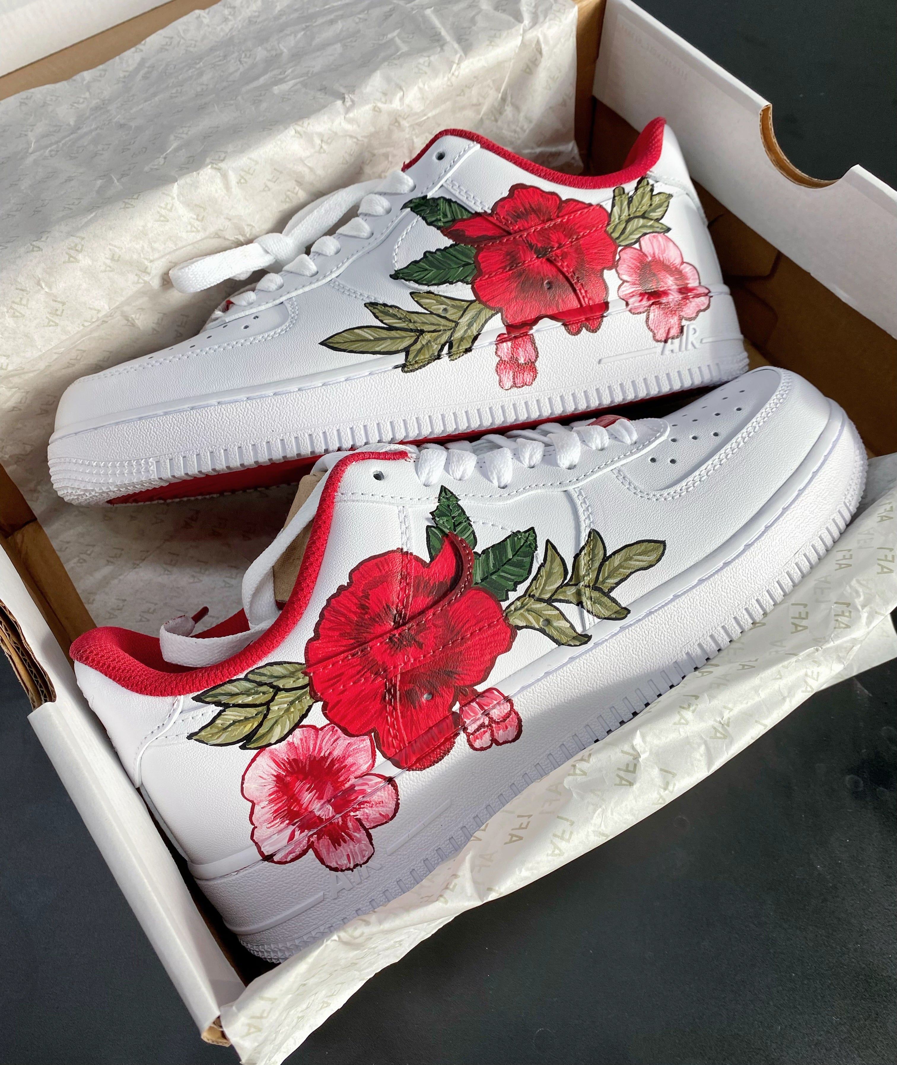 Custom Air Force 1 White Red Floral Design