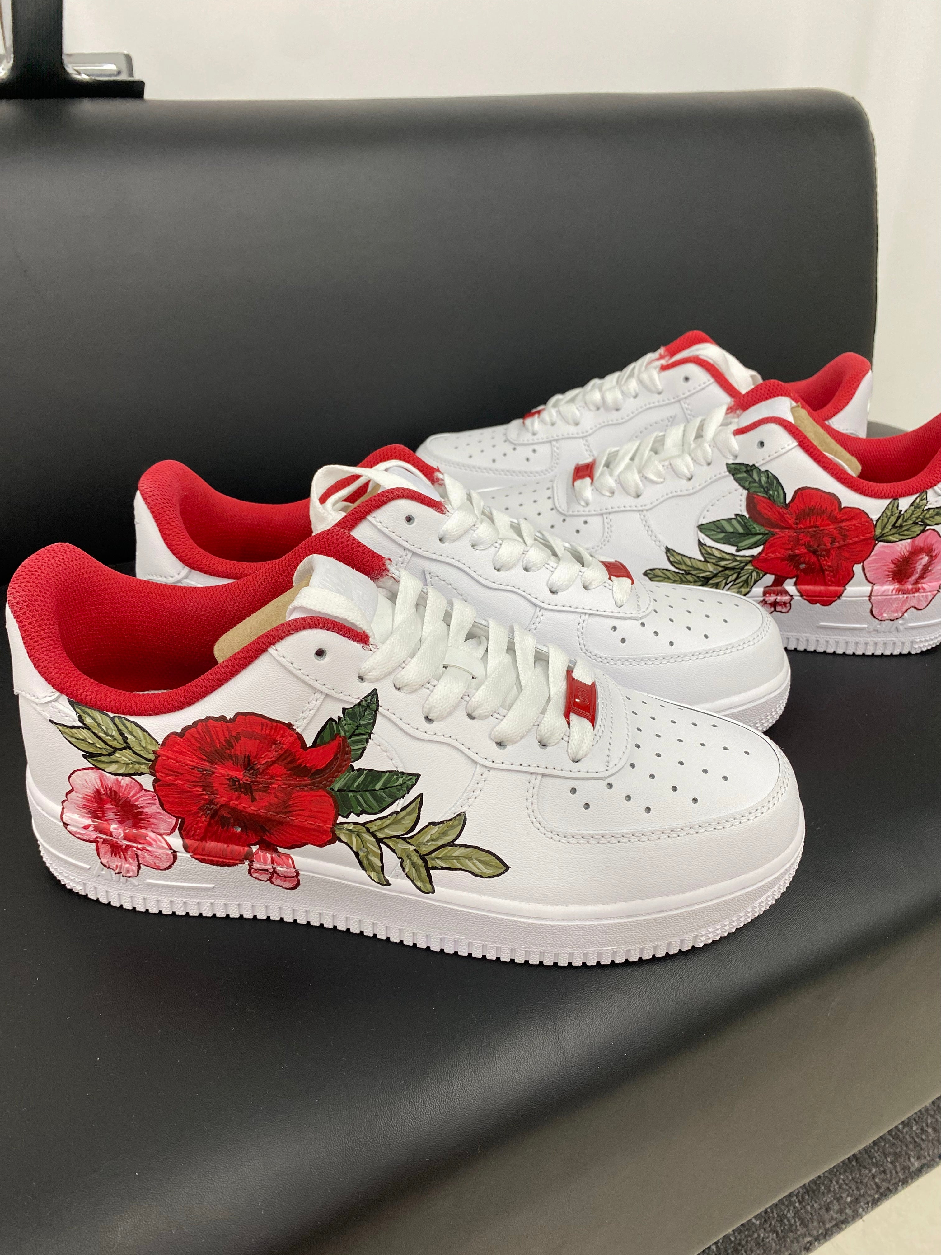 Custom Air Force 1 White Red Floral Design