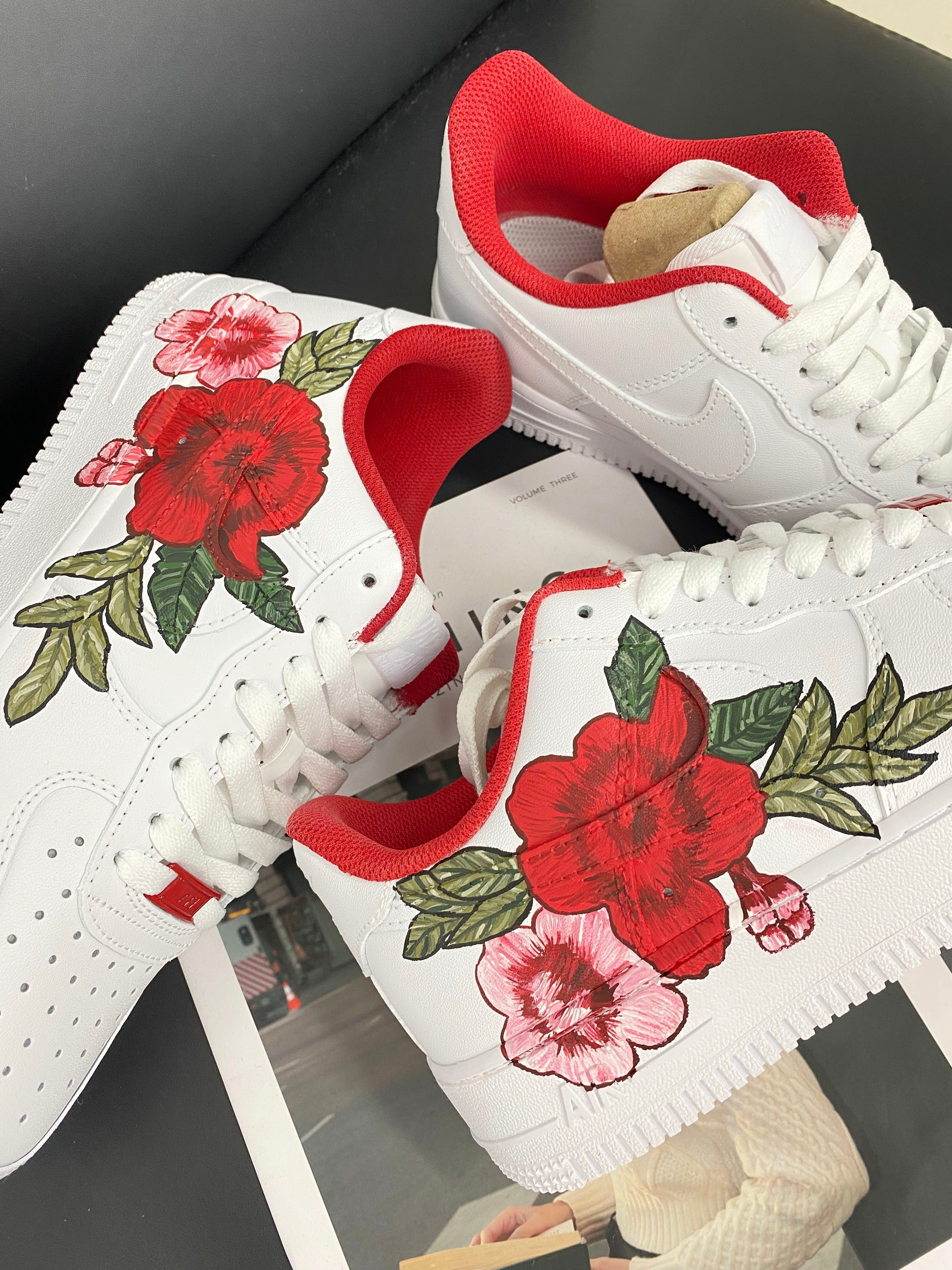 Custom Air Force 1 White Red Floral Design