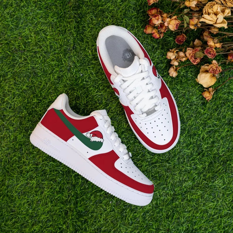 Custom Air Force 1 White Red Green With Santa Hat Design-shecustomize