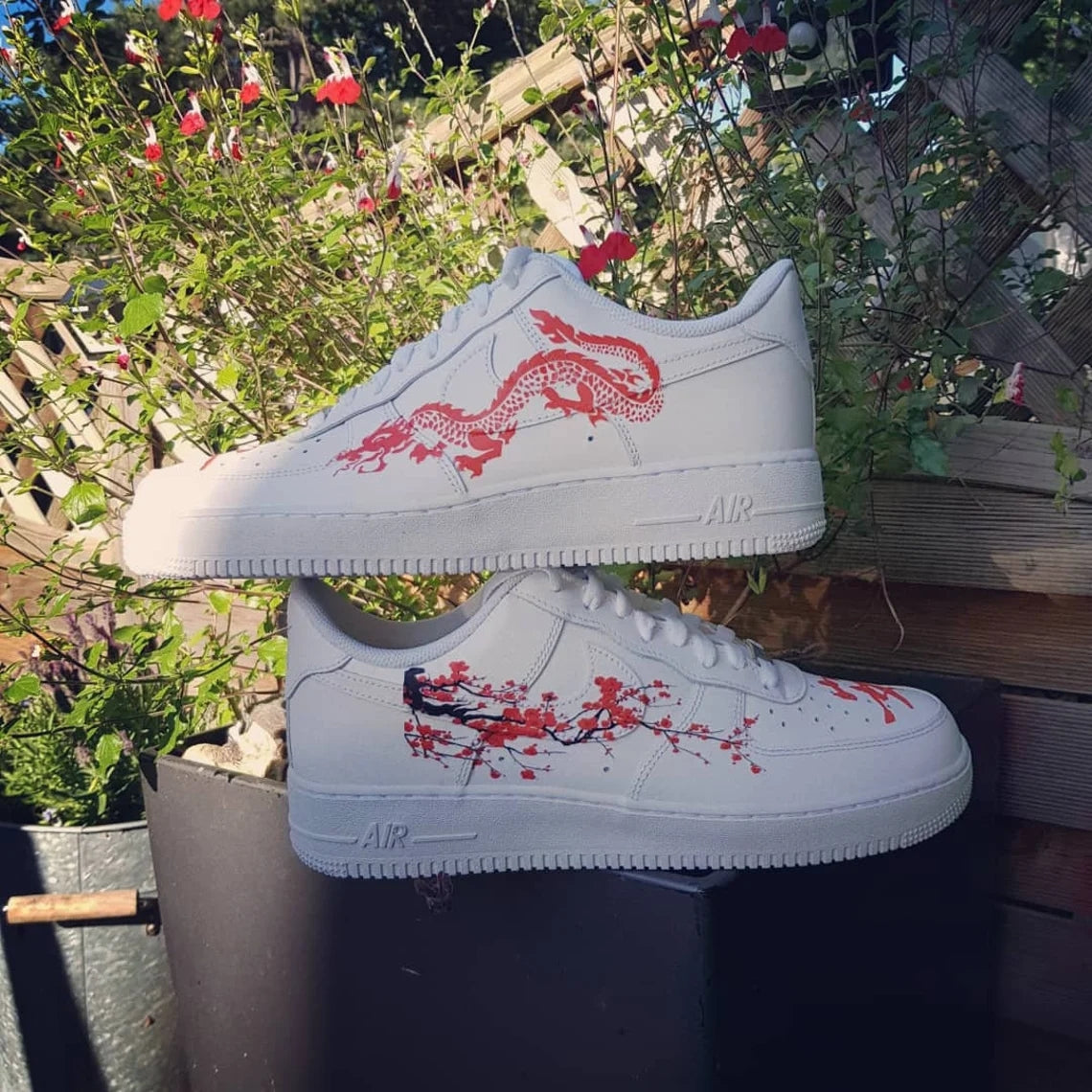 Custom Air Force 1 White Red With Dragon And Plum Blossom-shecustomize