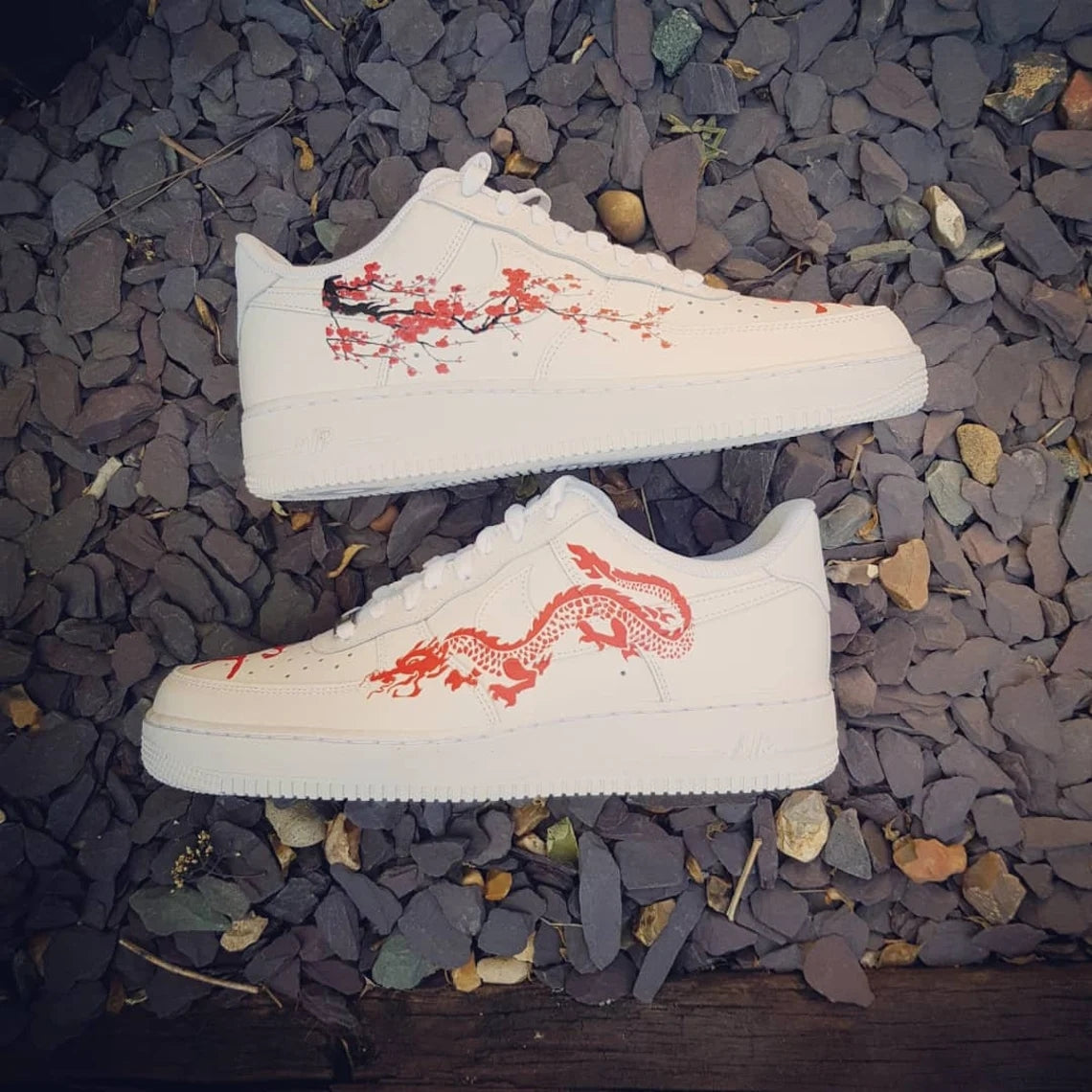 Custom Air Force 1 White Red With Dragon And Plum Blossom-shecustomize
