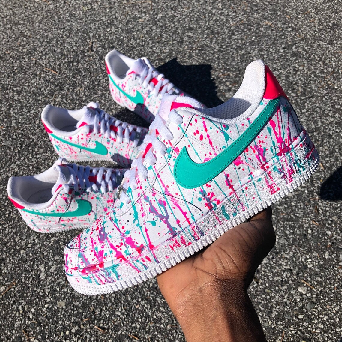 Custom Air Force 1 White Teal Pink Splatter Design