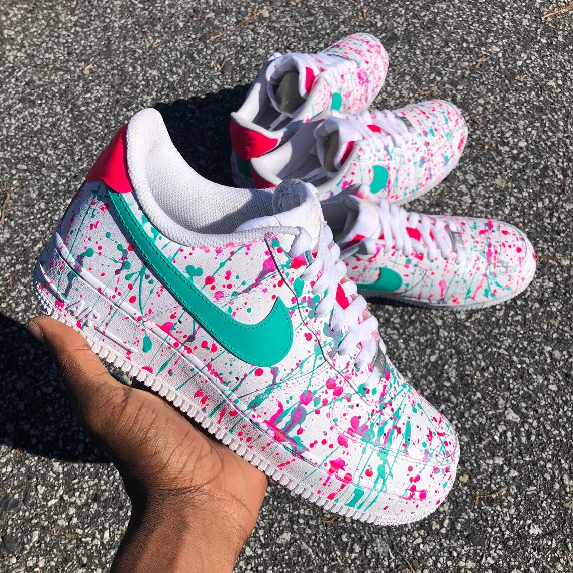 Custom Air Force 1 White Teal Pink Splatter Design