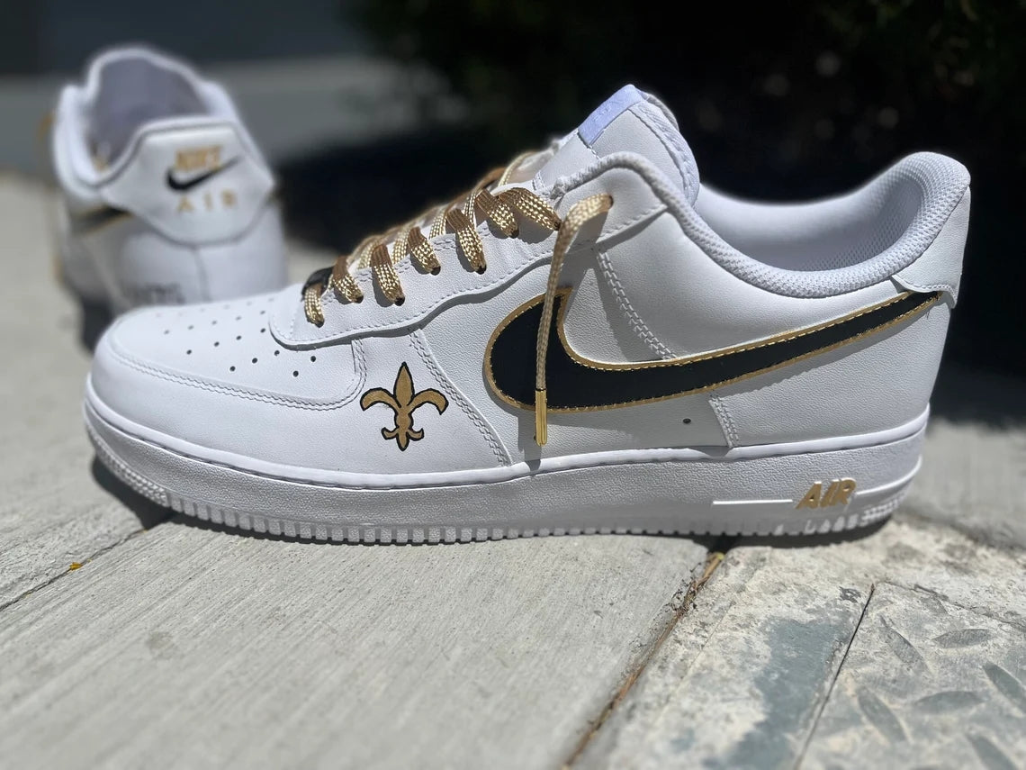 Custom Air Force 1 White With Black And Gold Accents Fleur - de - Lis Design-shecustomize