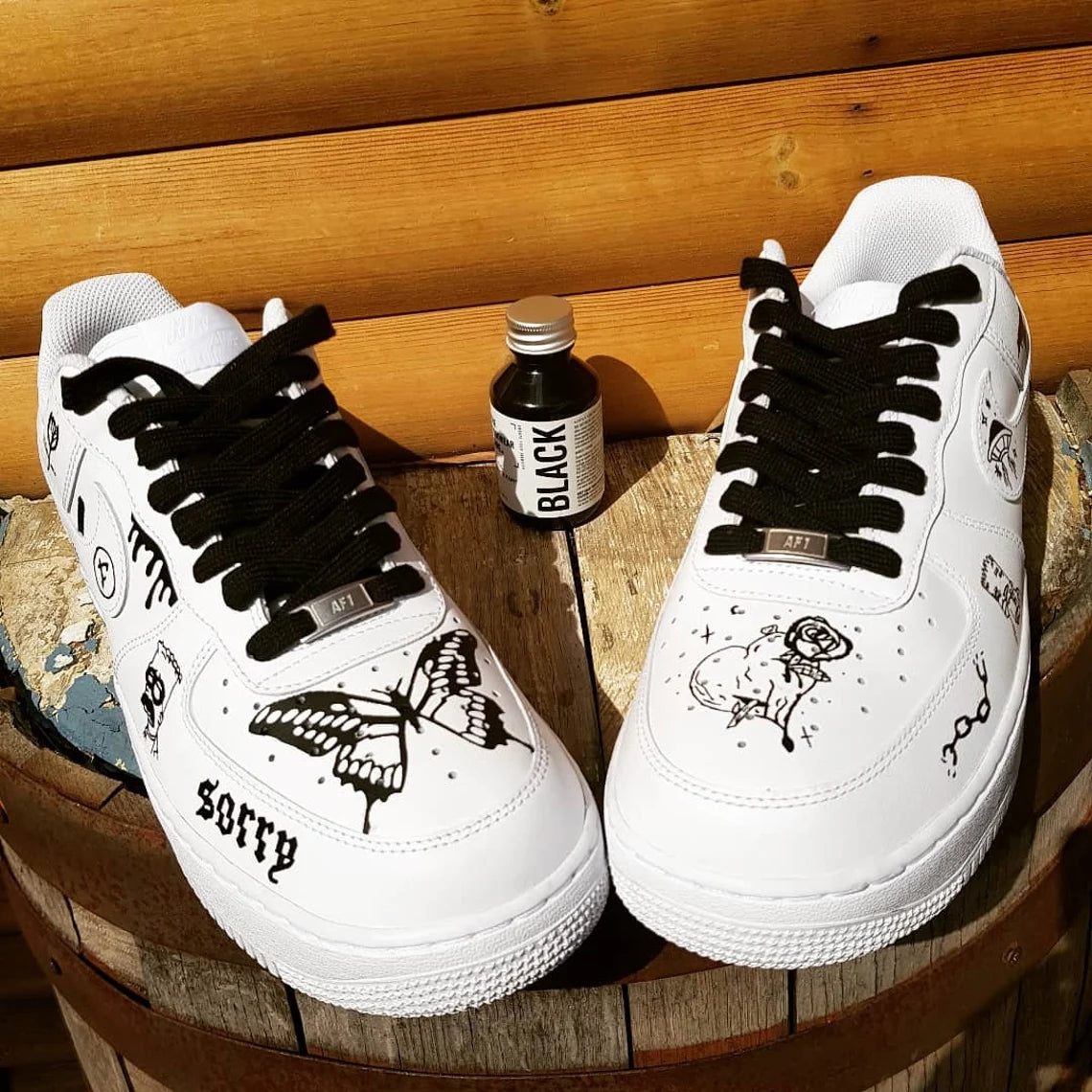 Custom Air Force 1 White With Black Butterfly And Cartoon Patterns-shecustomize