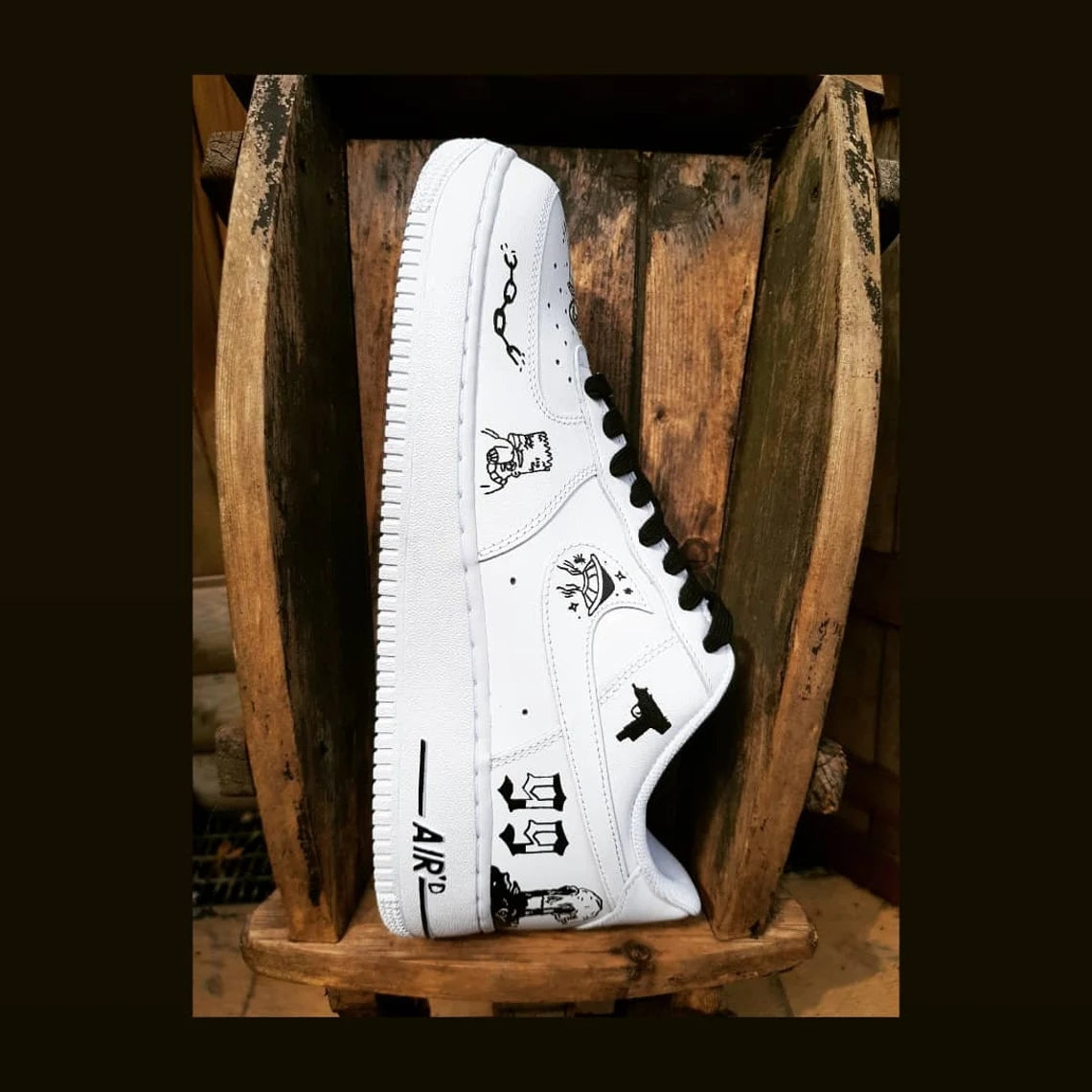 Custom Air Force 1 White With Black Butterfly And Cartoon Patterns-shecustomize