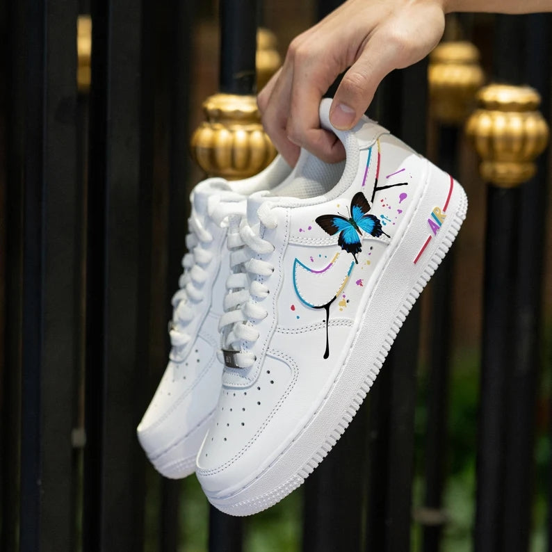 Custom Air Force 1 White With Butterfly And Paint - Splatter