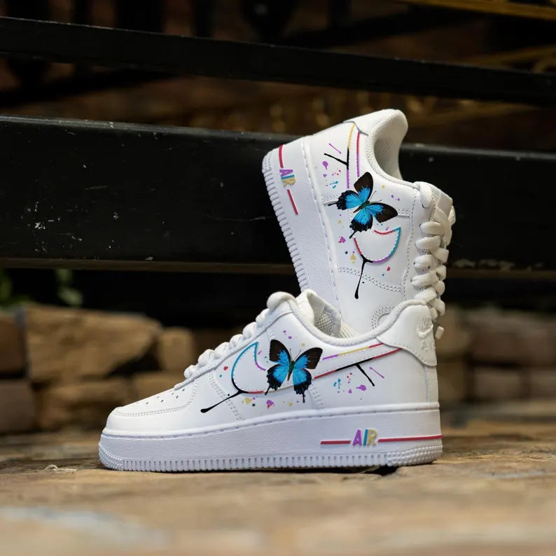 Custom Air Force 1 White With Butterfly And Paint - Splatter
