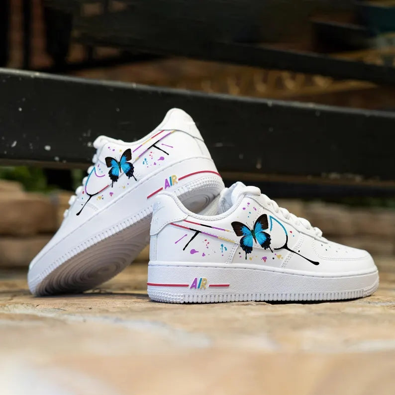 Custom Air Force 1 White With Butterfly And Paint - Splatter