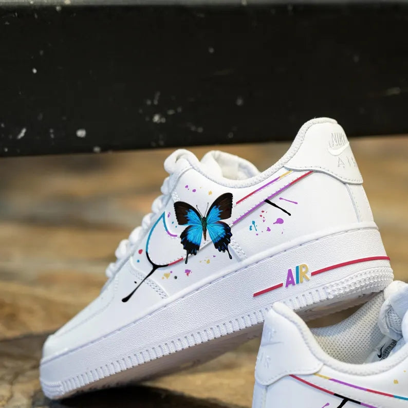 Custom Air Force 1 White With Butterfly And Paint - Splatter