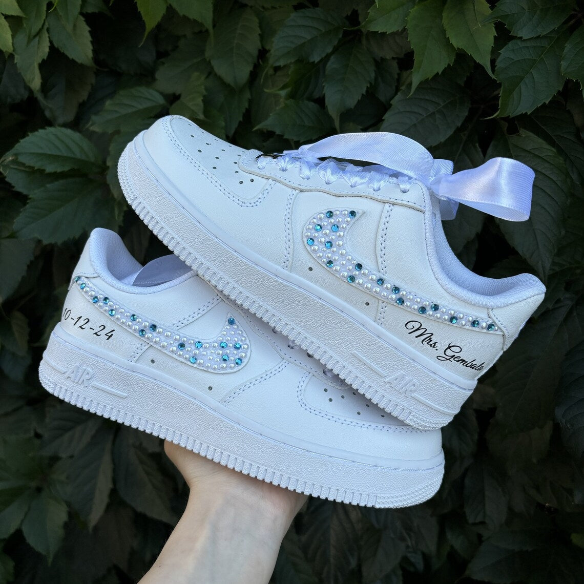 Custom Air Force 1 White With Pearl And Blue - Gem Embellishments