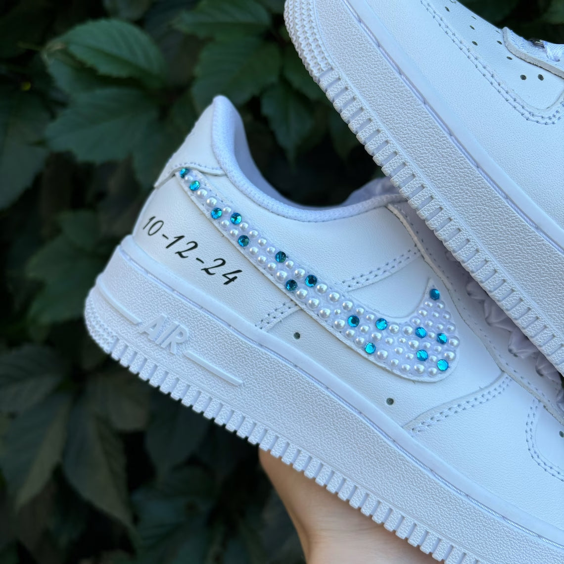 Custom Air Force 1 White With Pearl And Blue - Gem Embellishments