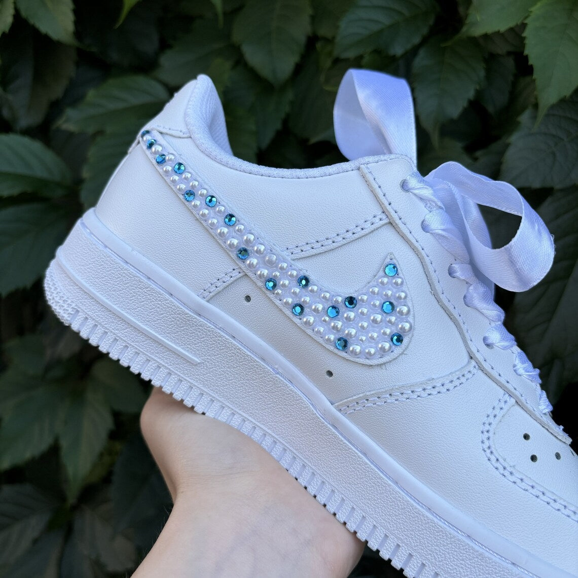 Custom Air Force 1 White With Pearl And Blue - Gem Embellishments