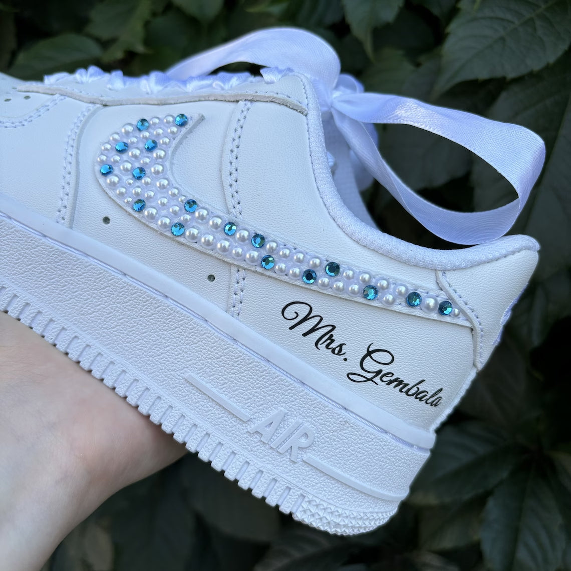 Custom Air Force 1 White With Pearl And Blue - Gem Embellishments