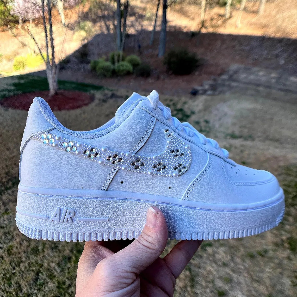 Custom Air Force 1 White With Pearl And Rhinestone Embellishments-shecustomize