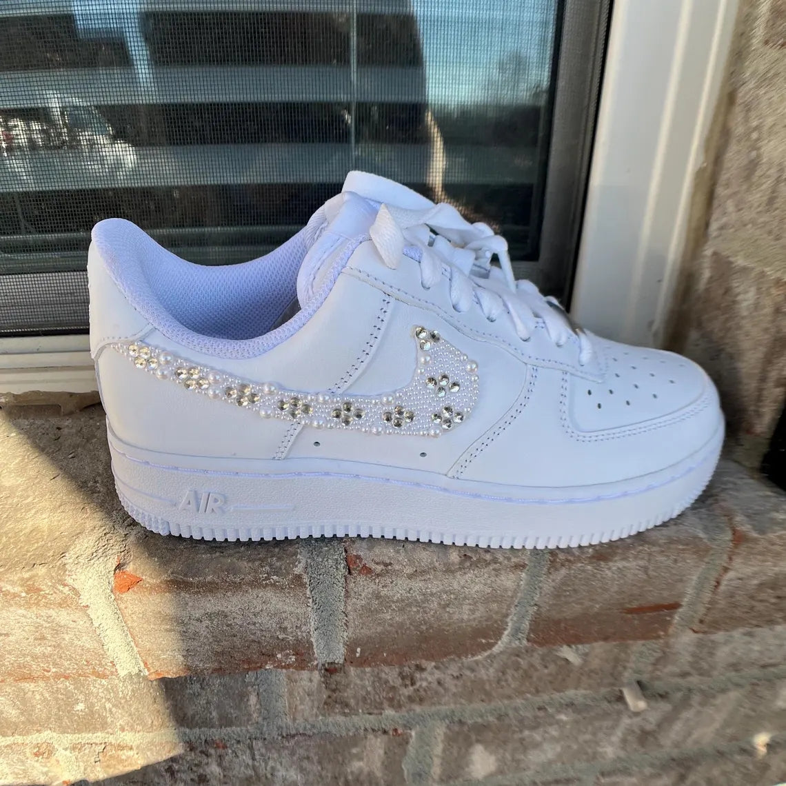 Custom Air Force 1 White With Pearl And Rhinestone Embellishments-shecustomize