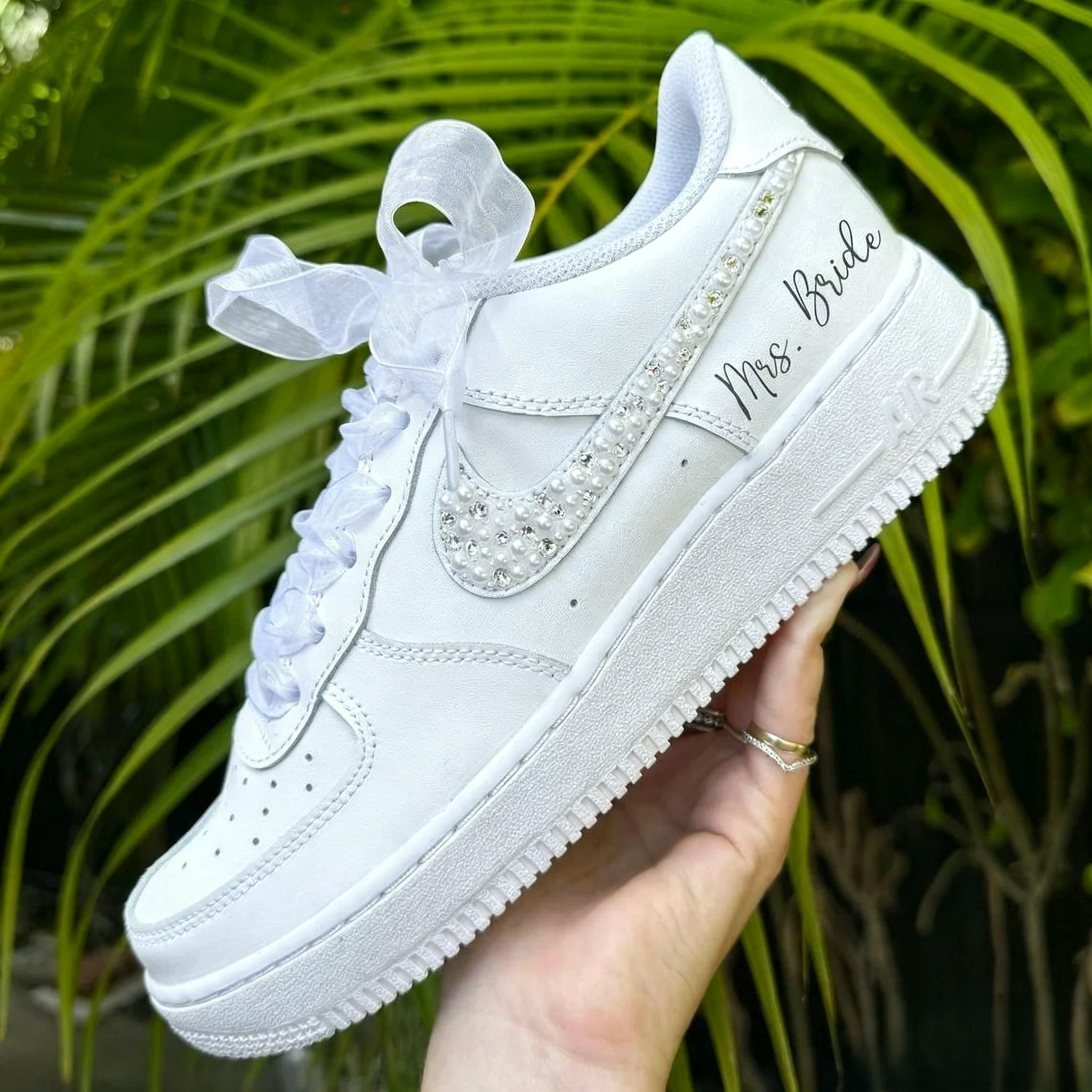 Custom Air Force 1 White With Pearl Rhinestones Wedding Shoes-shecustomize