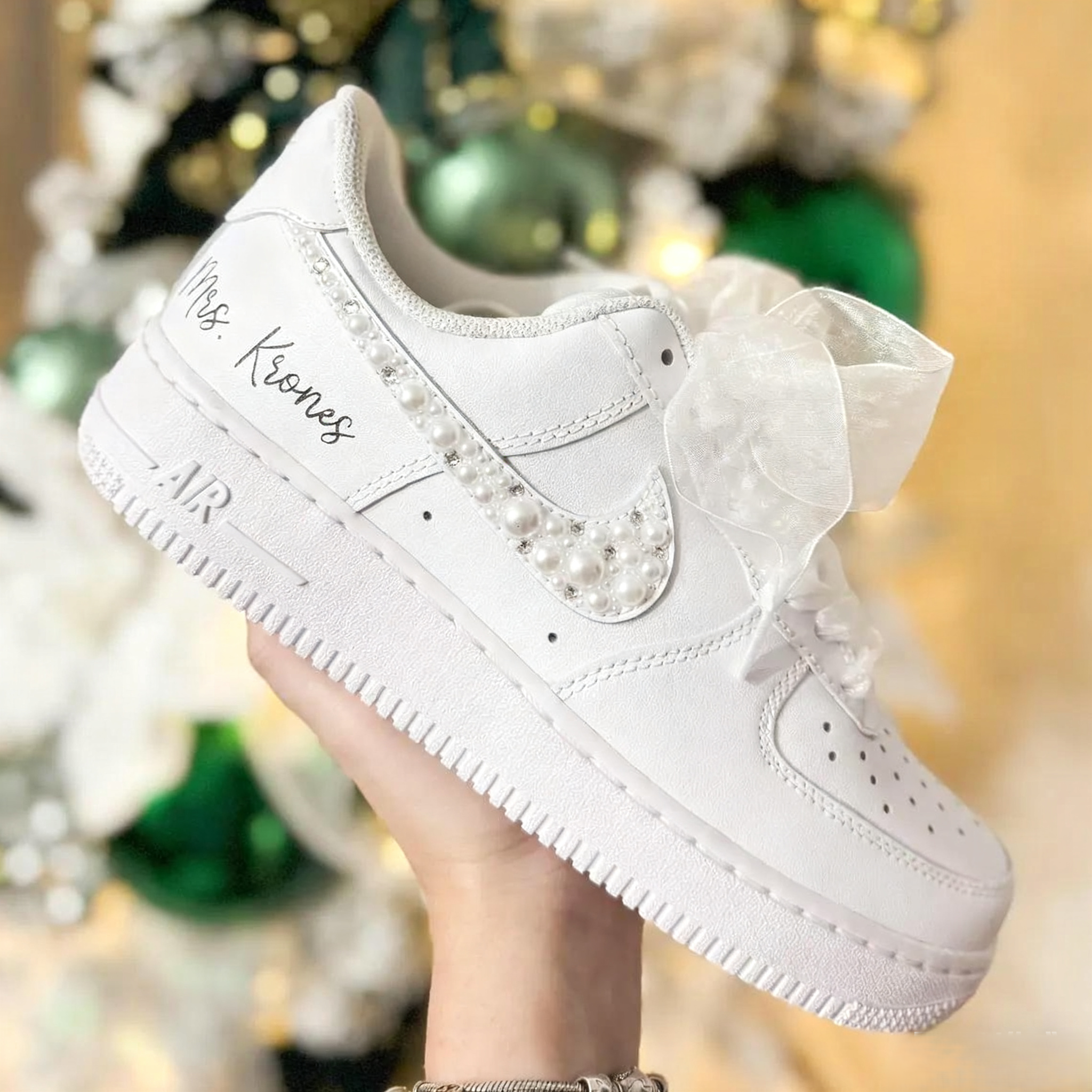 Custom Air Force 1 White With Pearl Rhinestones Wedding Shoes-shecustomize