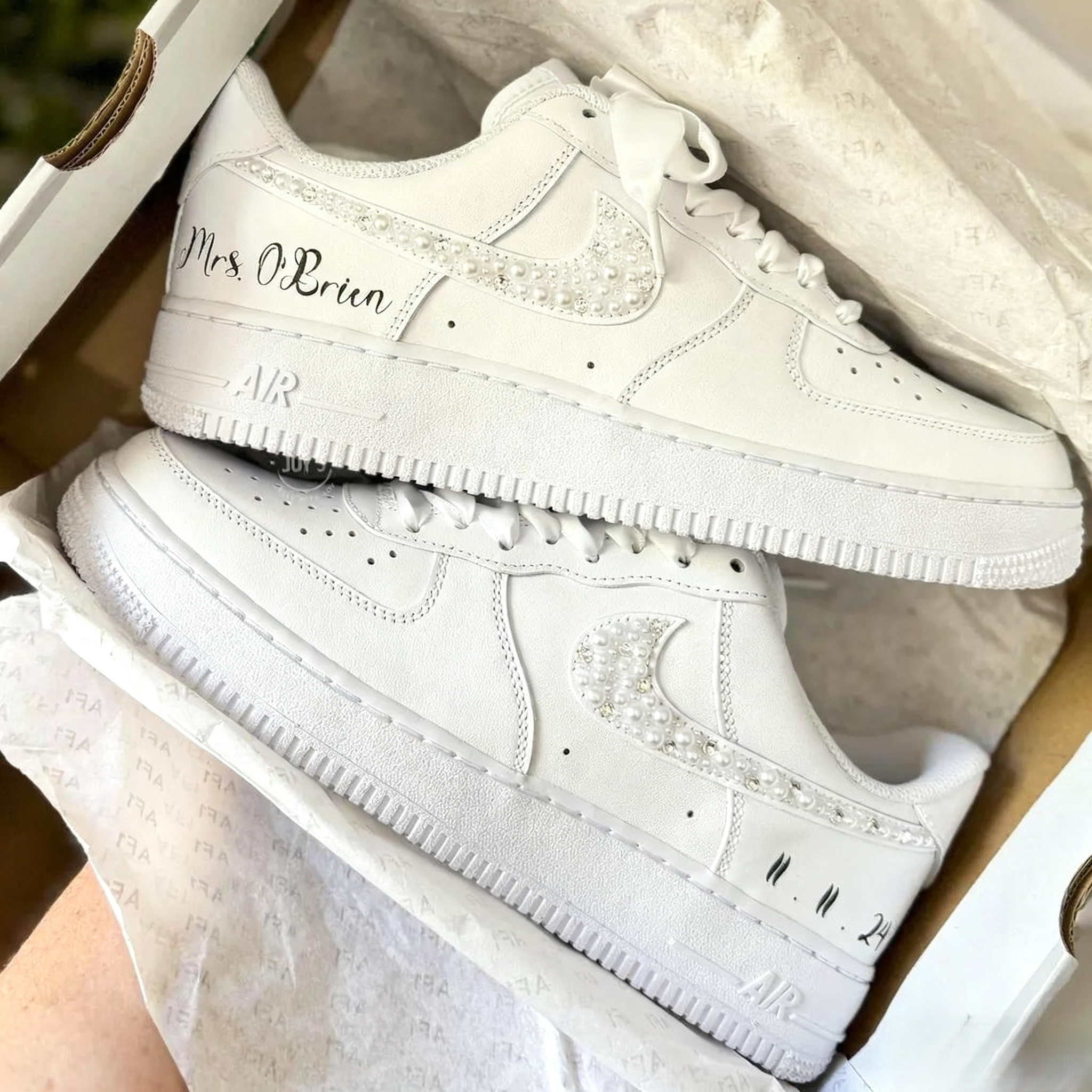 Custom Air Force 1 White With Pearl Rhinestones Wedding Shoes-shecustomize