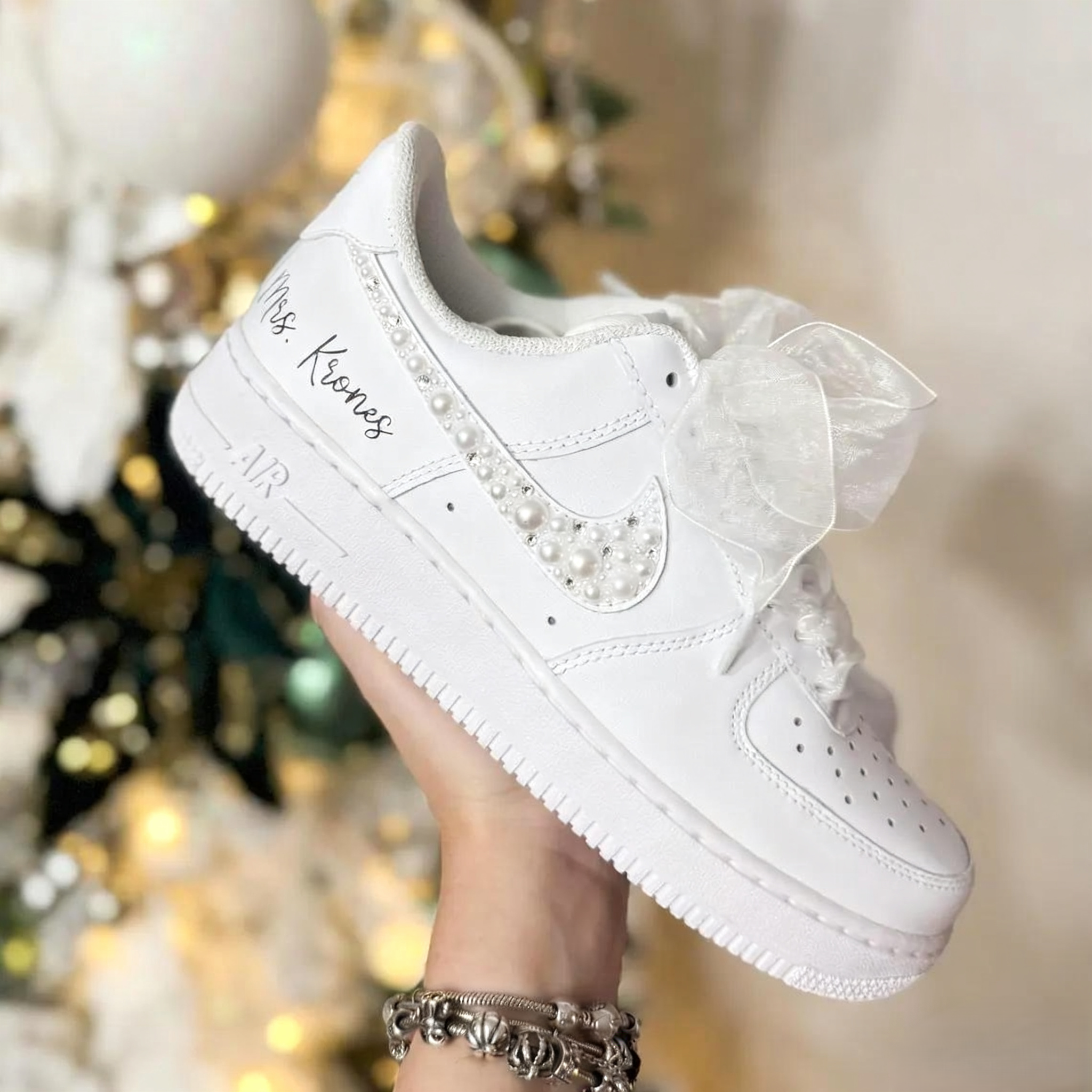 Custom Air Force 1 White With Pearl Rhinestones Wedding Shoes-shecustomize