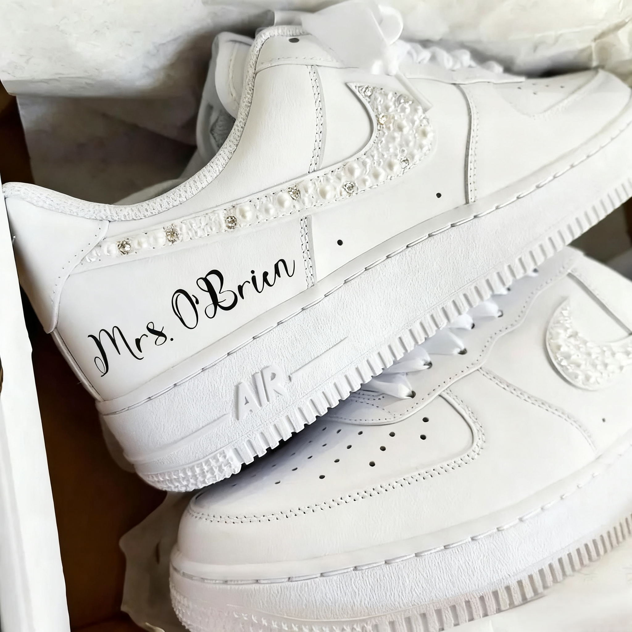 Custom Air Force 1 White With Pearl Rhinestones Wedding Shoes-shecustomize