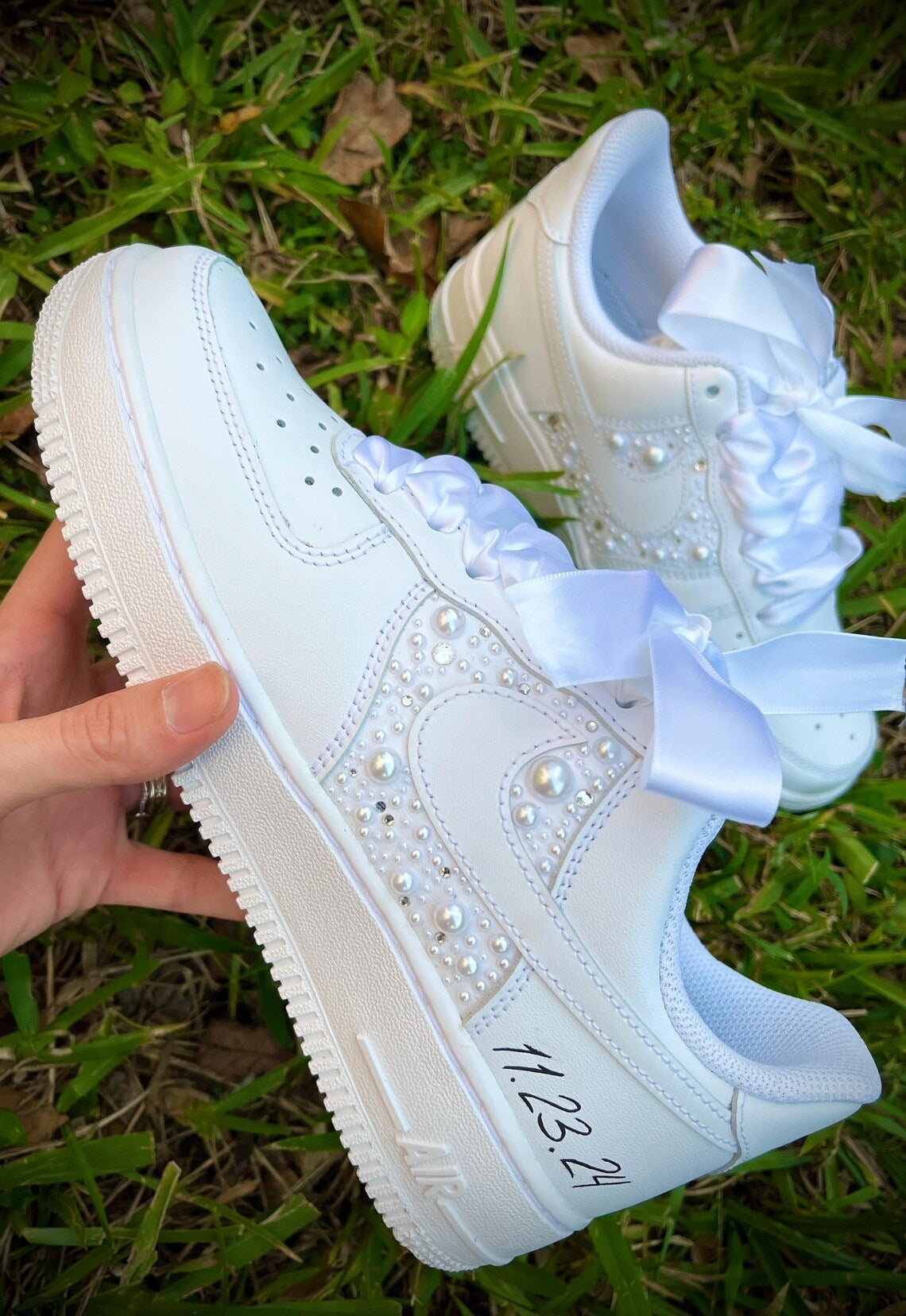 Custom Air Force 1 White With Pearls And Ribbons-shecustomize