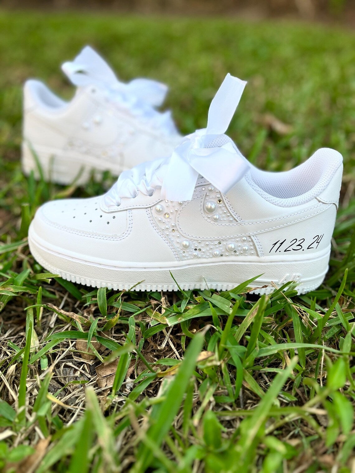 Custom Air Force 1 White With Pearls And Ribbons-shecustomize