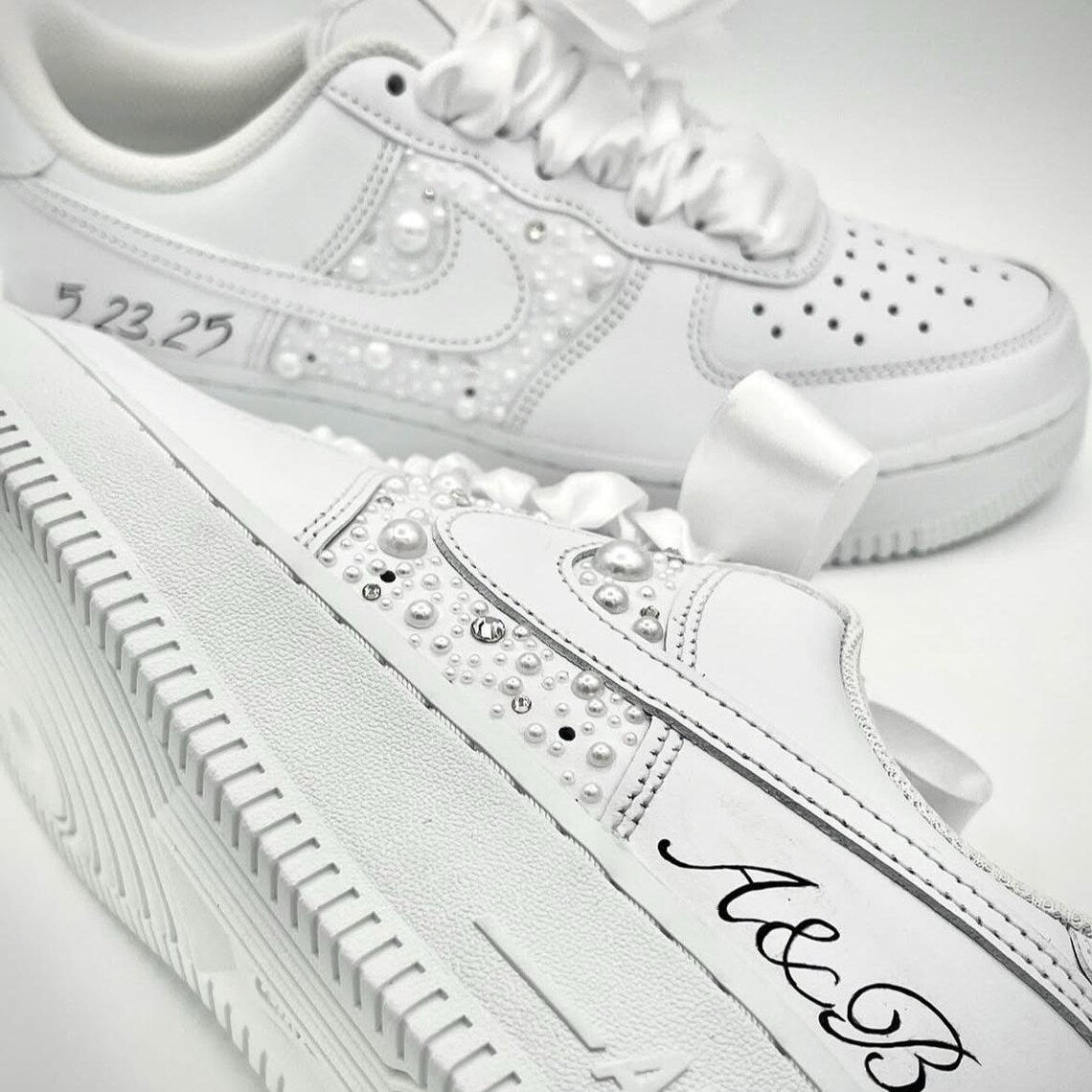 Custom Air Force 1 White With Pearls And Ribbons-shecustomize