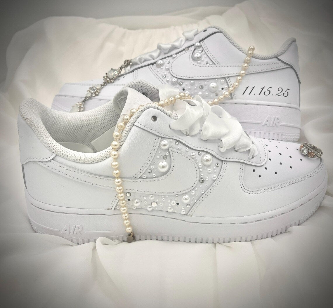 Custom Air Force 1 White With Pearls And Ribbons-shecustomize