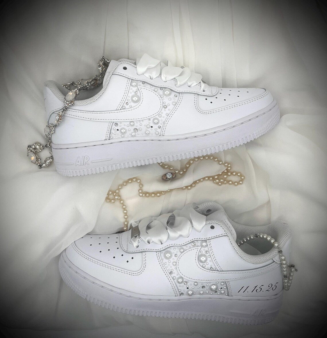 Custom Air Force 1 White With Pearls And Ribbons-shecustomize