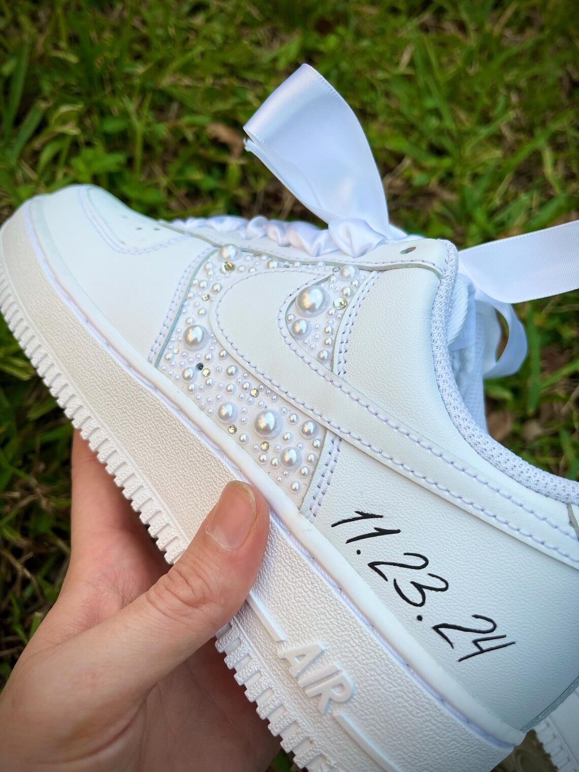Custom Air Force 1 White With Pearls And Ribbons-shecustomize