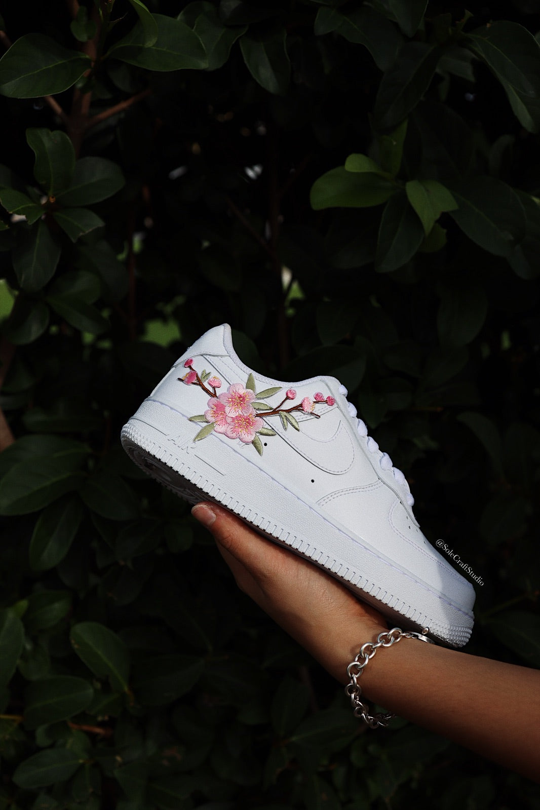 Custom Air Force 1 White With Pink Flower Embroidery-shecustomize