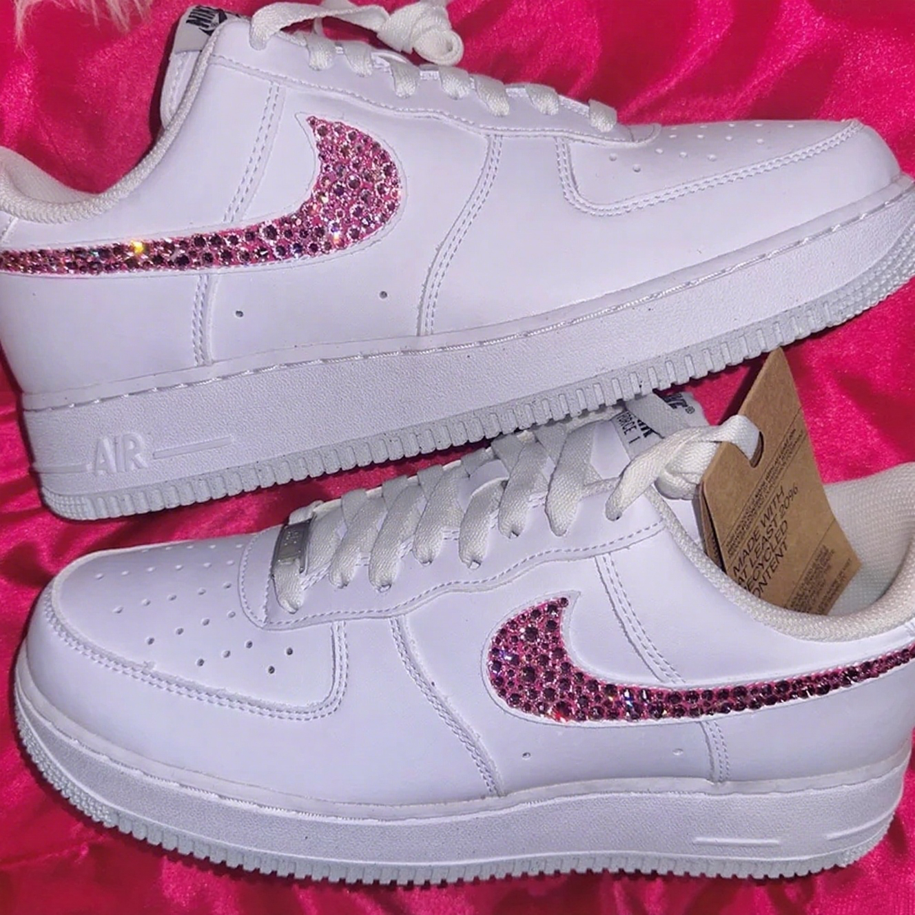 Custom Air Force 1 White With Pink Rhinestones Swoosh
