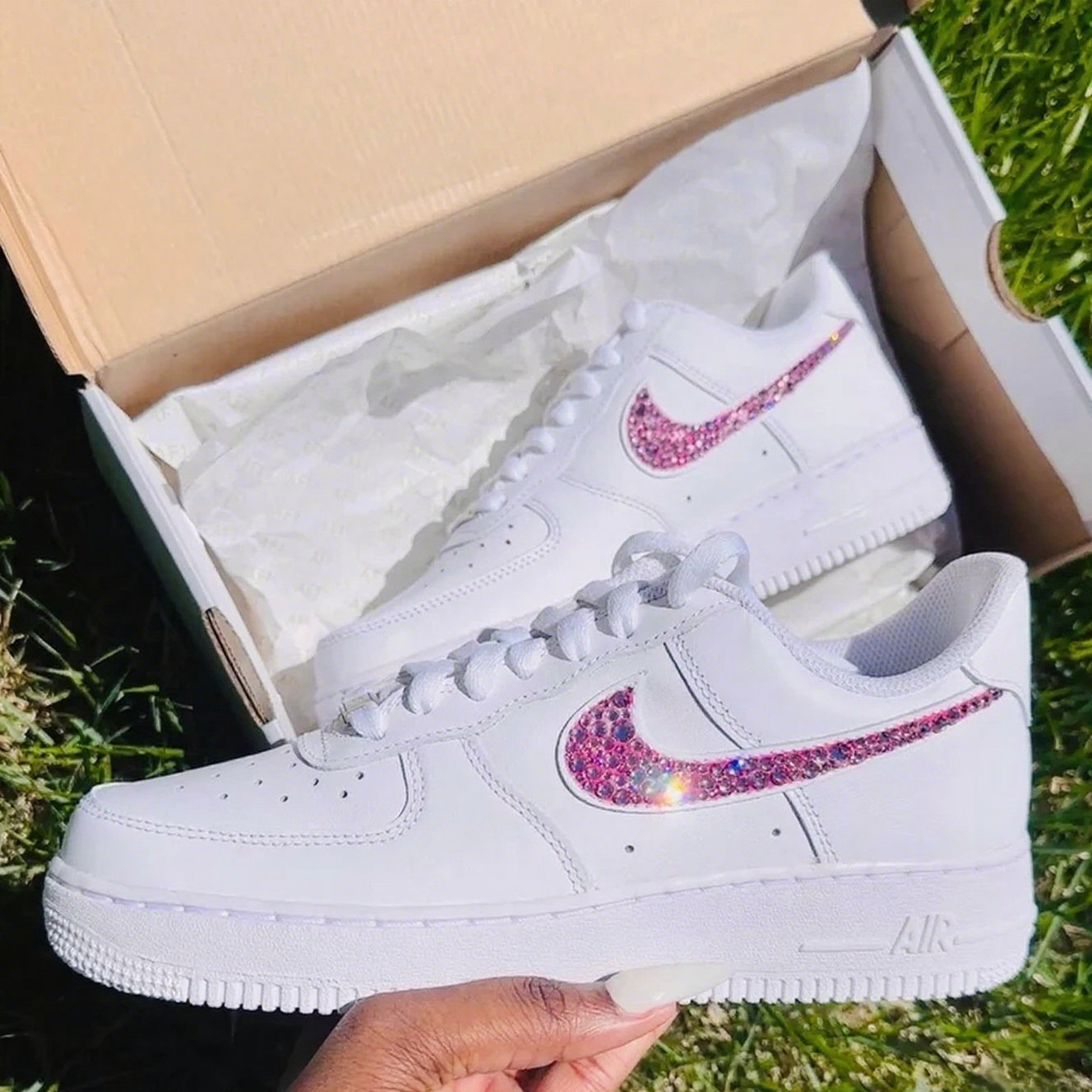 Custom Air Force 1 White With Pink Rhinestones Swoosh