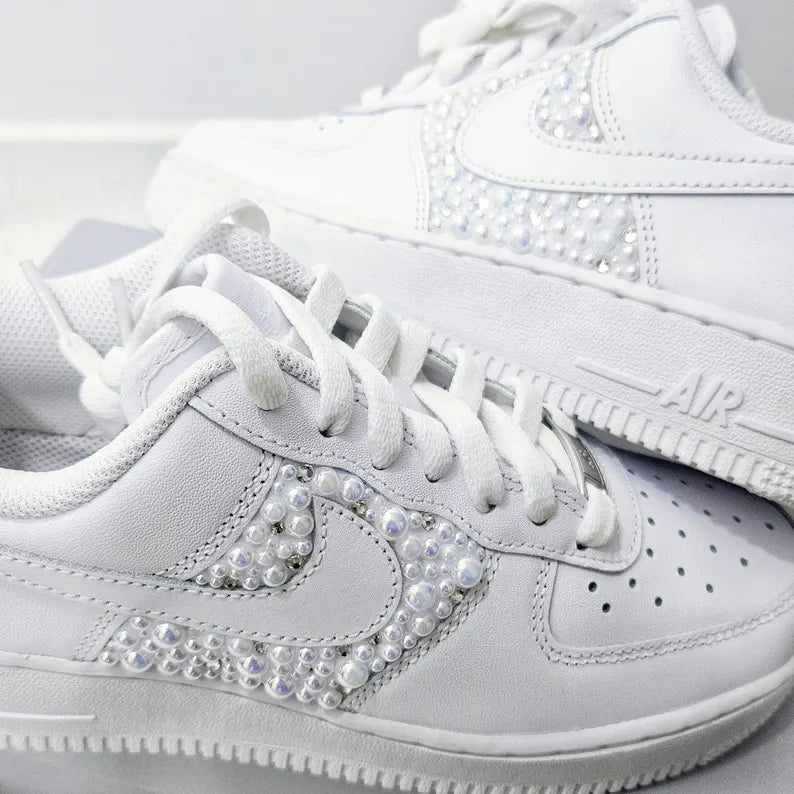 Custom Air Force 1 White With Rhinestones And Pearls