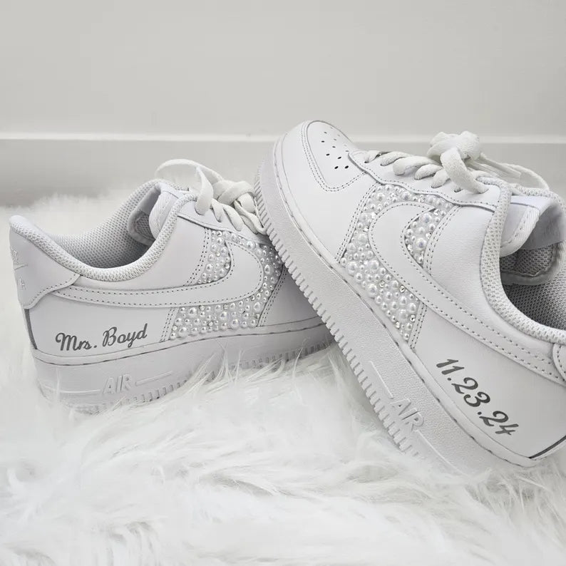 Custom Air Force 1 White With Rhinestones And Pearls